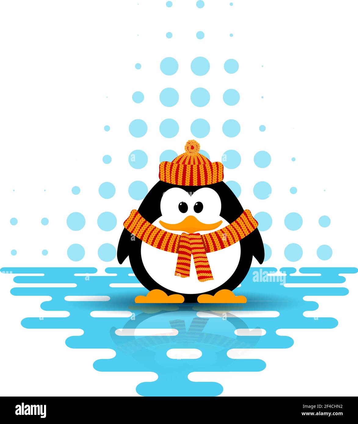 Illustration vectorielle d'un joli petit pingouin portant un chapeau et une écharpe avec réflexion sur la glace sur un fond abstrait. Style de dessin animé Illustration de Vecteur