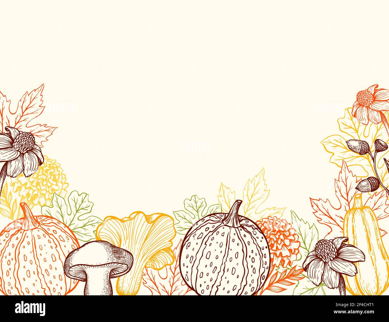 Arrière-plan vintage d'automne avec fleurs, citrouilles, feuilles et champignons de la forêt. Illustration vectorielle dessinée à la main. Illustration de Vecteur