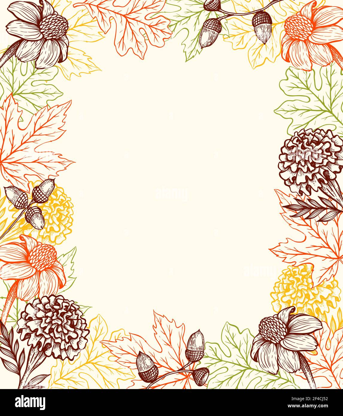 Arrière-plan vintage d'automne avec fleurs et feuilles. Illustration vectorielle dessinée à la main. Cadre fleuri décoratif. Illustration de Vecteur