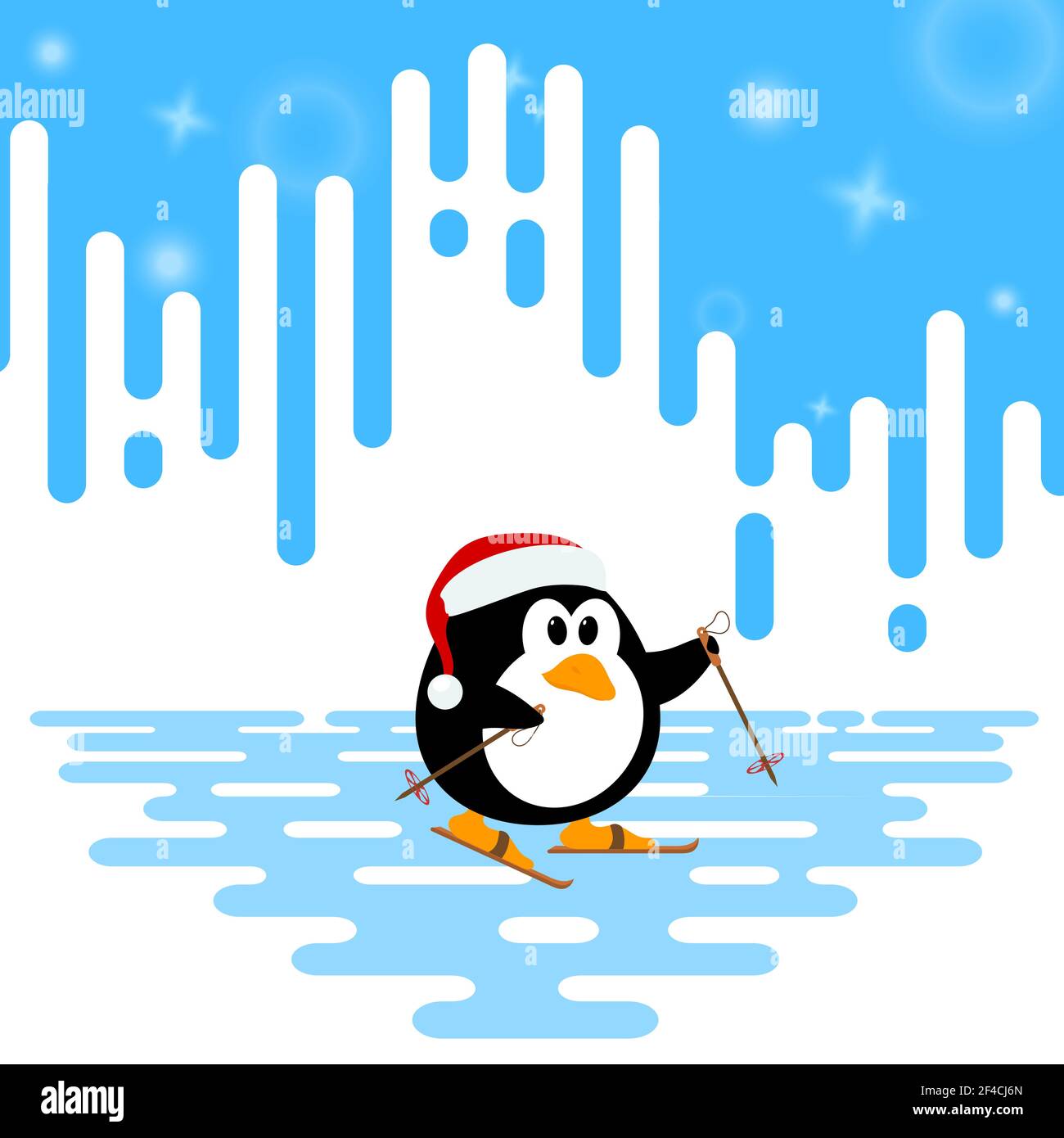 Illustration vectorielle d'un joli petit pingouin ski hiver sur un arrière-plan abstrait rayé. Sports d'hiver Illustration de Vecteur