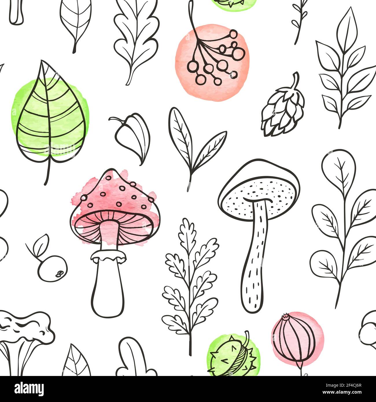 Motif automnal sans couture avec champignons, feuilles et plantes sur fond blanc. Illustration vectorielle dessinée à la main avec éléments aquarelle. Illustration de Vecteur