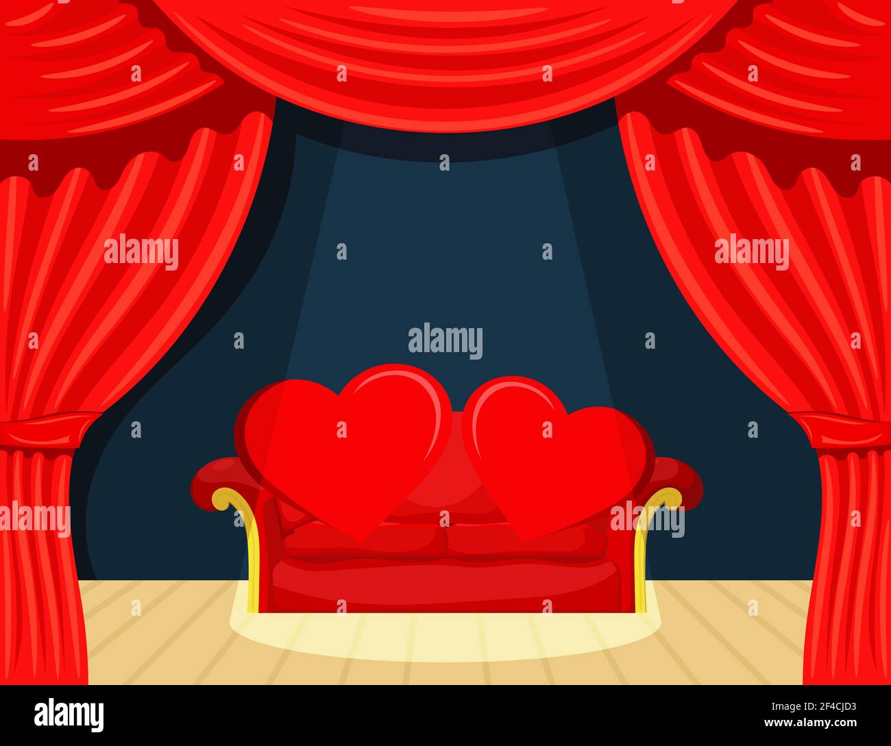 Picture Cartoon Theater avec spot rouge de coulisses et coeurs rouges sur le canapé. Illustration du dessin animé vectoriel. Le concept de la Saint-Valentin et de la fête de la Saint-Valentin Illustration de Vecteur