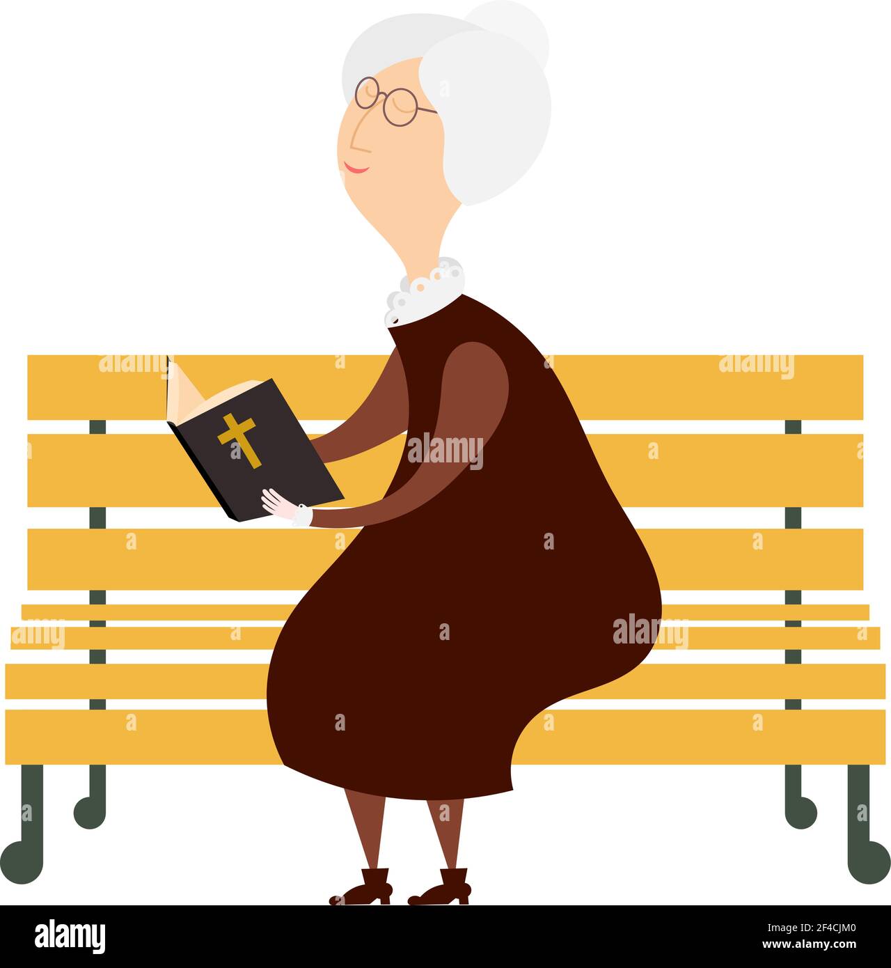 Vénérable vieille femme sur un banc de parc lisant une bible. Le symbole de la vieillesse et de la religiosité. Illustration du vecteur de stock Illustration de Vecteur