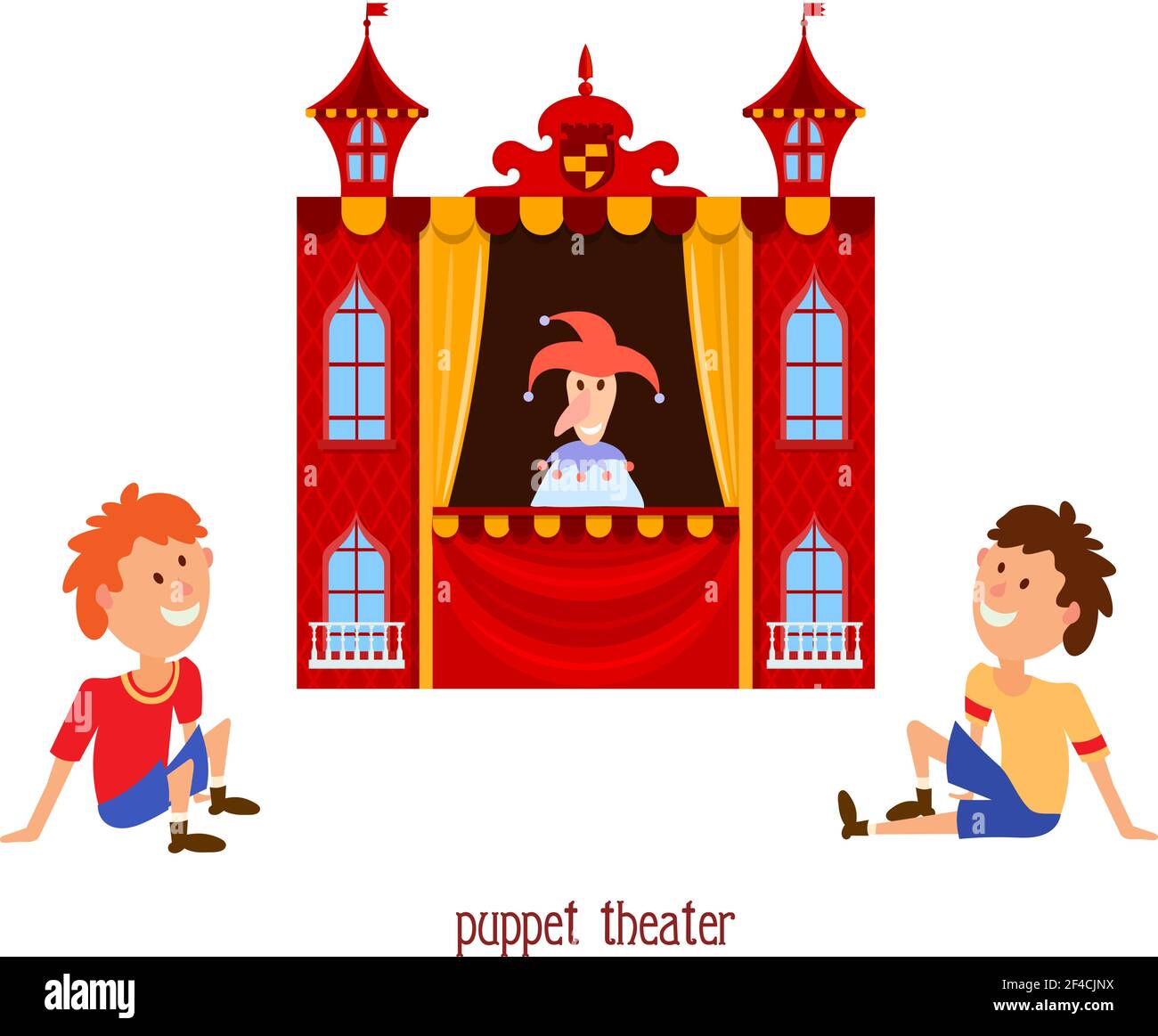 Spectacle de marionnettes. Illustration du théâtre de marionnettes des enfants avec un clown de poupée et un enfant assis sur un fond blanc. Scénario de dessin animé un théâtre de marionnettes avec de jeunes téléspectateurs Illustration de Vecteur