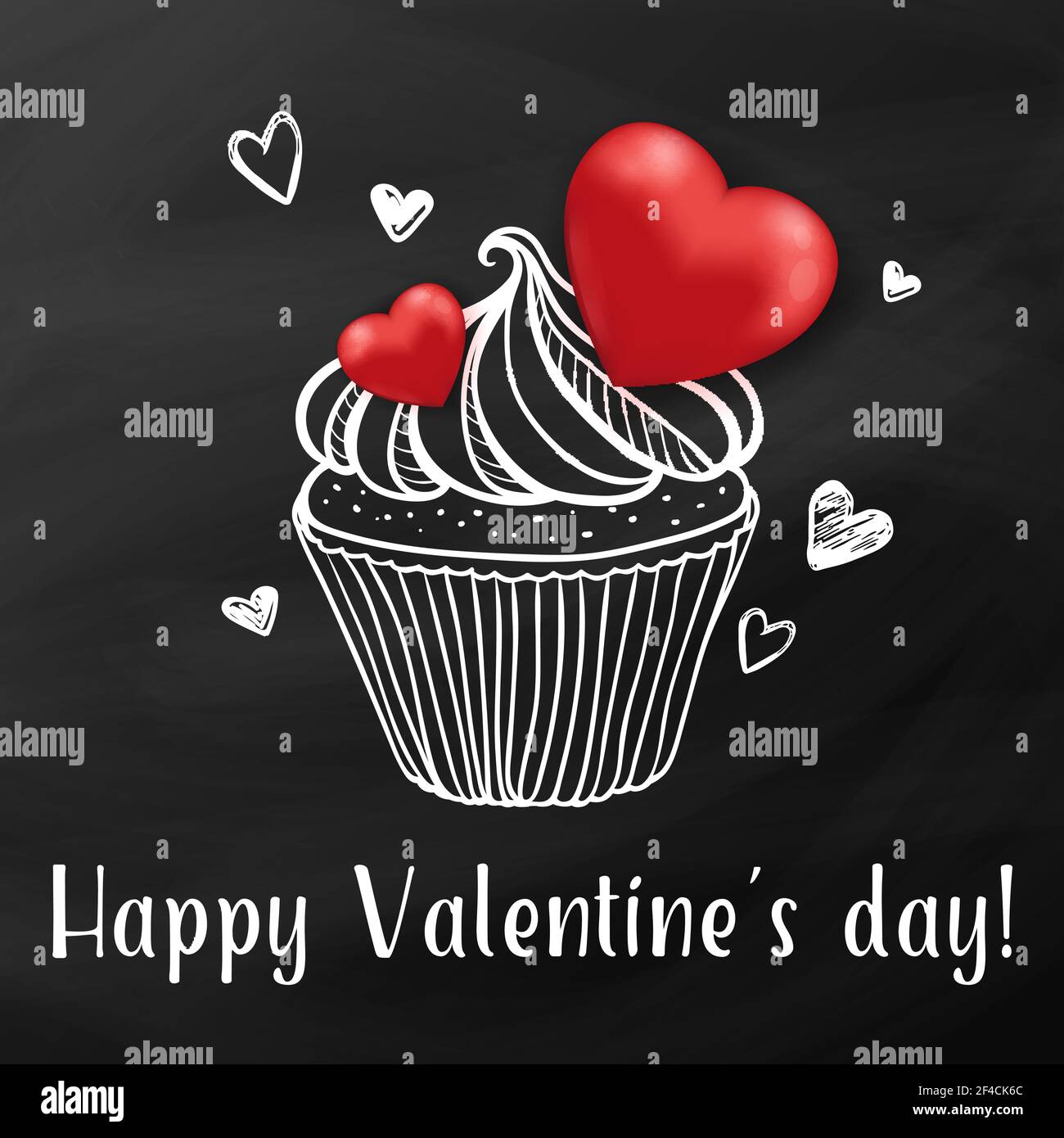 Gâteau sucré aux coeurs rouges sur fond noir. Carte de vœux pour la Saint-Valentin et le jour de l'équipe. Illustration vectorielle dessinée à la main. Illustration de Vecteur
