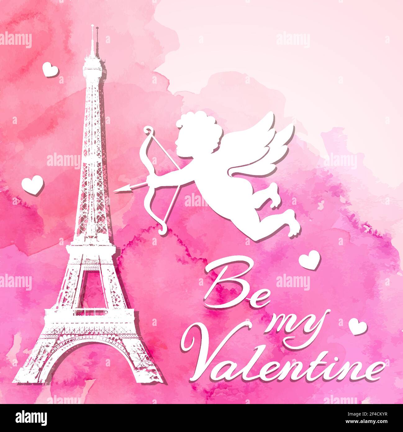 Aquarelle rose valentine romantique avec papercut Tour Eiffel et de Cupidon. Vector illustration. Illustration de Vecteur