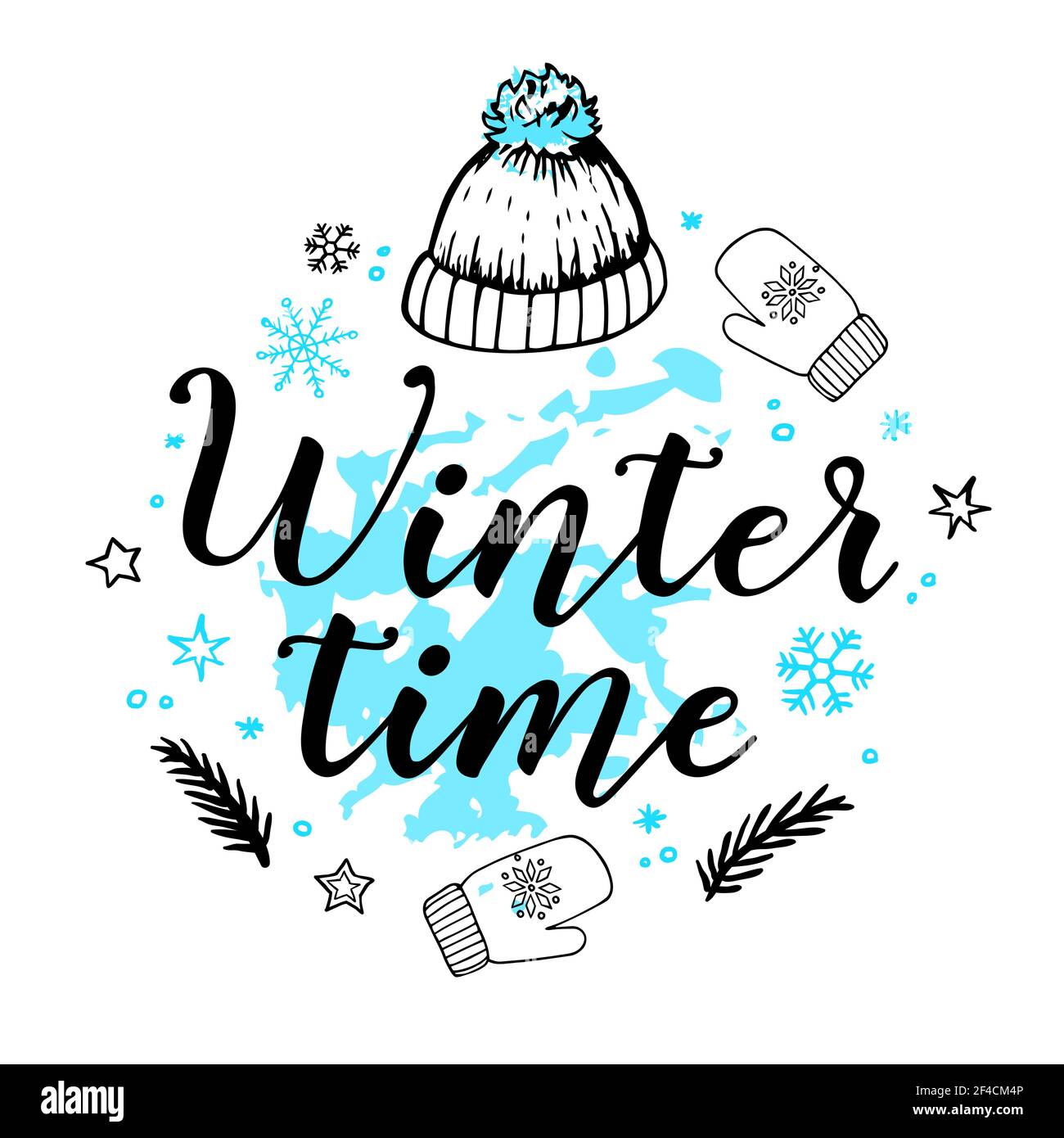 Maison de vacances dessinés à la main, l'arrière-plan de la nouvelle année avec des flocons, hat et du texte. L'heure d'hiver le lettrage. Vector illustration. Illustration de Vecteur