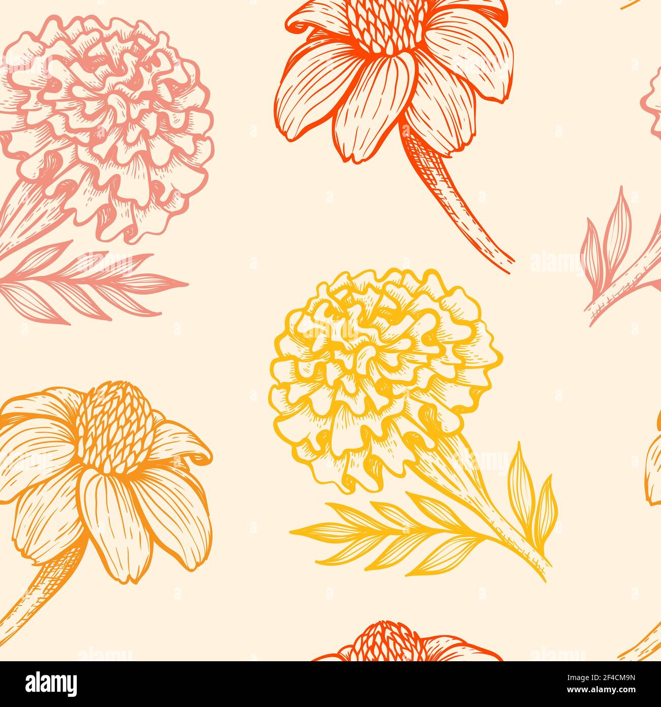 Motif automnal vintage sans coutures avec fleurs orange et jaunes. Fond décoratif vectoriel dessiné à la main. Illustration de Vecteur