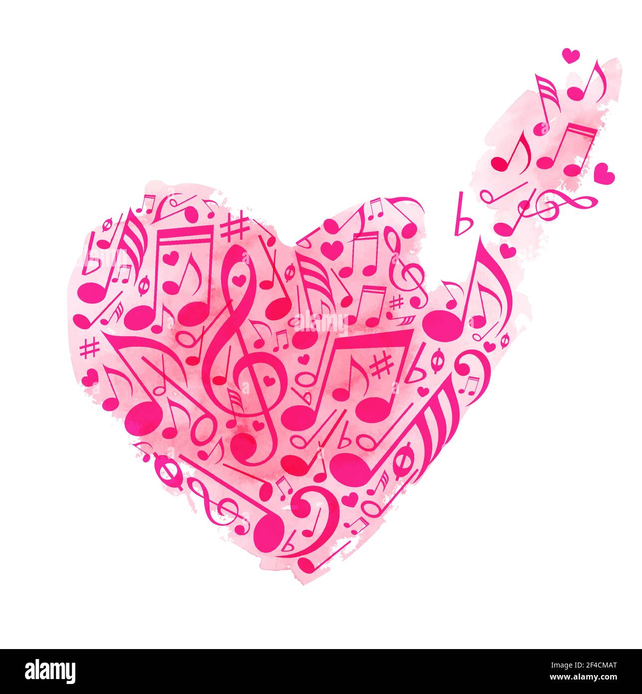 Résumé rouge coeur de notes de musique sur un fond blanc avec aquarelle rose de texture. Vector illustration. Illustration de Vecteur