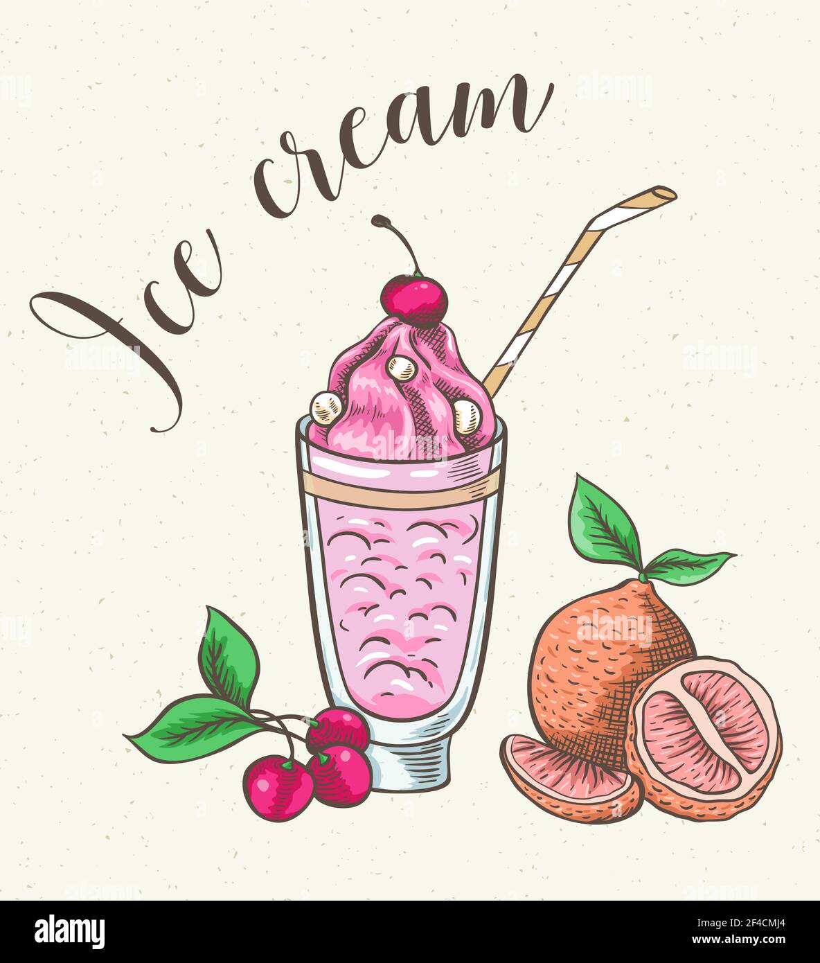 Cocktail avec de la crème glacée, de cerise et d'orange. Hand drawn vector illustration. Illustration de Vecteur