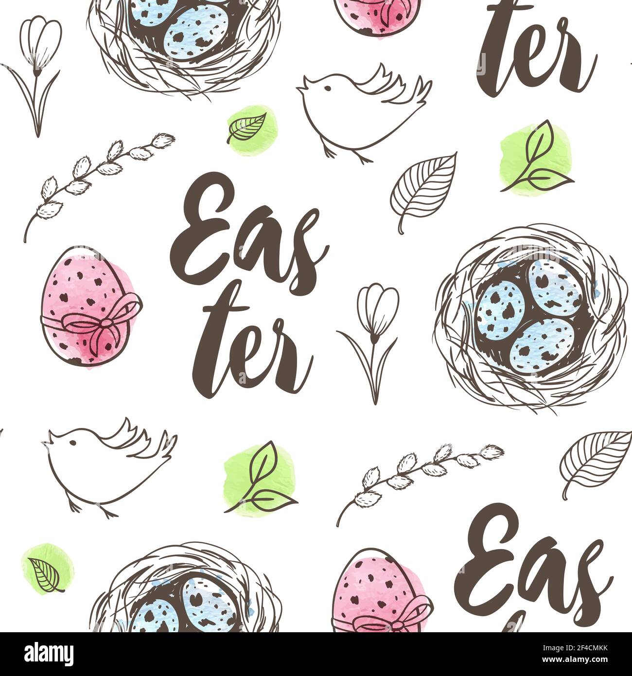 Motif de Pâques à motif de poule dessiné à la main avec œufs dans le nid, oiseau et fleurs sur fond blanc. Illustration vectorielle. Illustration de Vecteur