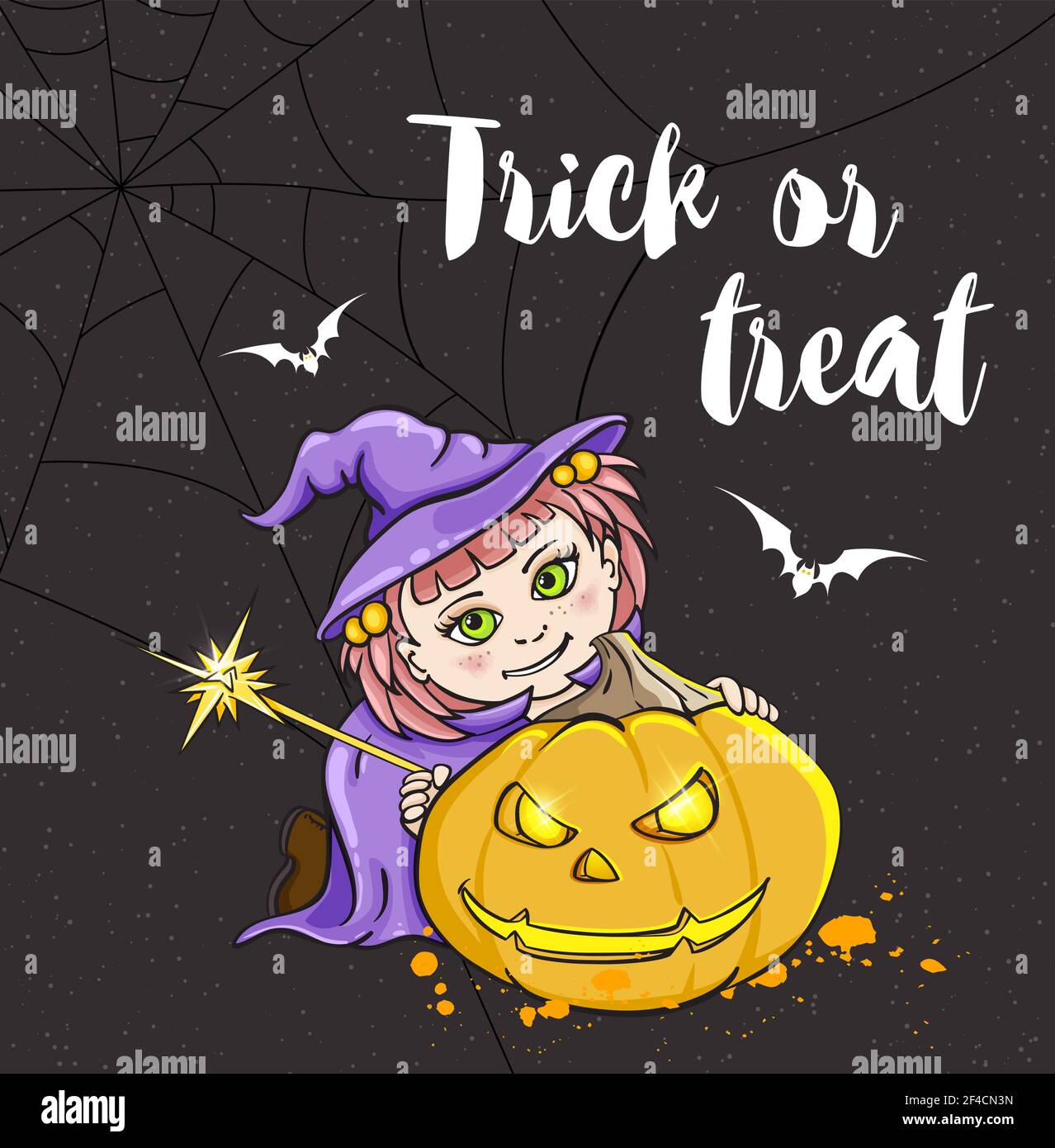 Carte de souhaits pour l'halloween avec mignon fille en costume. Trick ou traiter le lettrage. Hand drawn vector illustration. Illustration de Vecteur