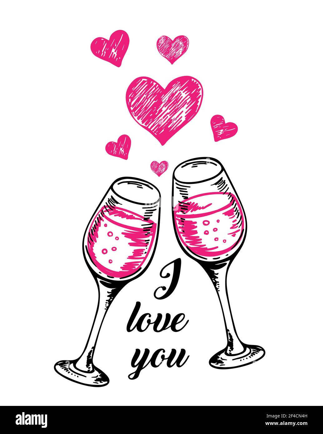 Carte de voeux Saint Valentin avec deux verres de vin rouge et les cœurs sur un fond blanc. Hand drawn vector illustration Illustration de Vecteur