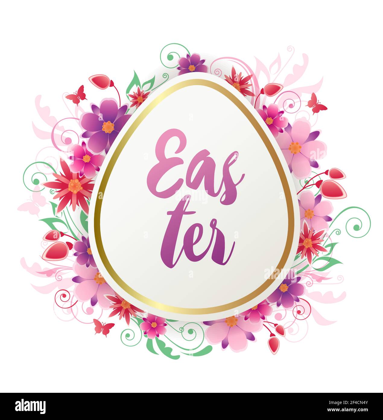 Œuf de Pâques décoratif avec fleurs rouges et roses. Fond floral festif. Illustration vectorielle. Carte de vœux des fêtes. Illustration de Vecteur