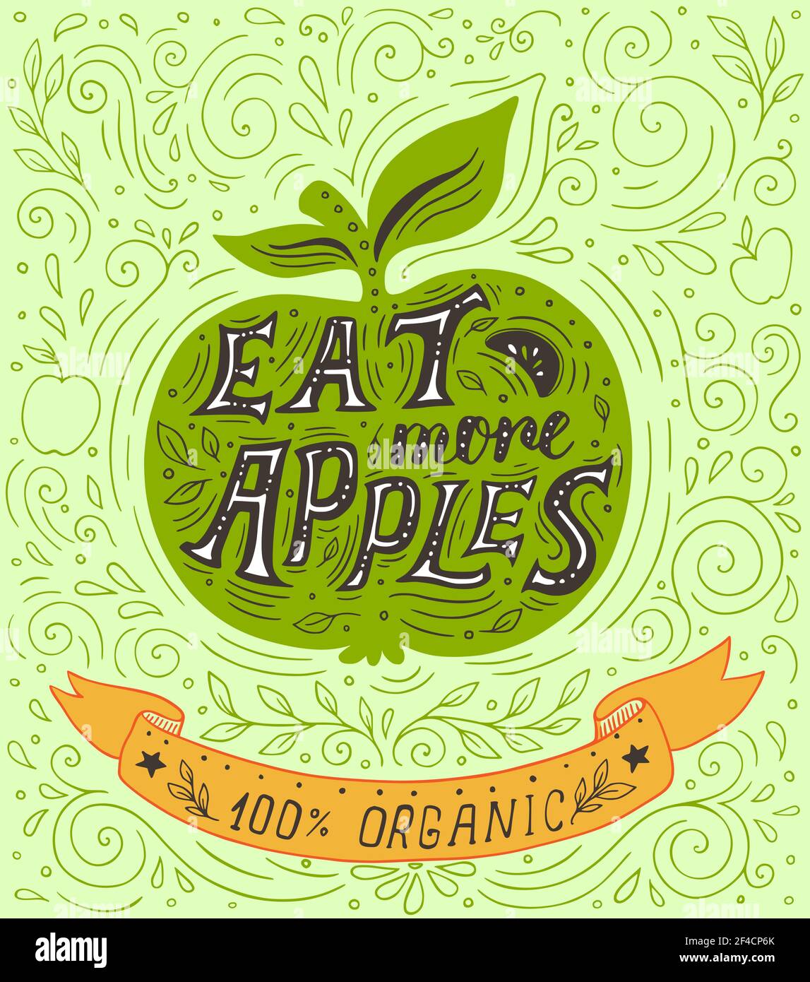 Pomme verte tirée à la main et lettrage manger plus de pommes. Concept d'alimentation saine. Illustration vectorielle Illustration de Vecteur