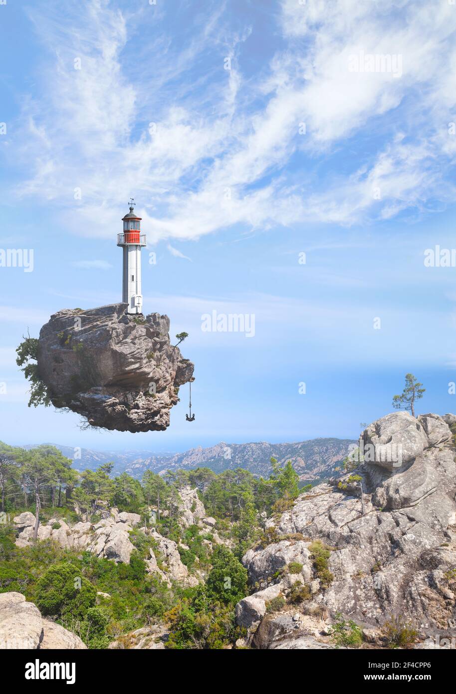 La tour du phare se dresse sur un petit rocher volant par une belle journée d'été. Collage abstrait fantaisie, fond photo multimédia mixte Banque D'Images