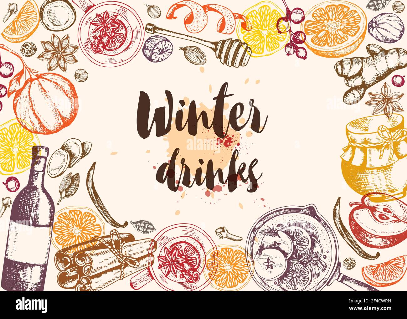 Arrière-plan vectoriel vintage dessiné à la main avec vin chaud et épices. Repas et boissons de Noël traditionnels. Illustration de Vecteur