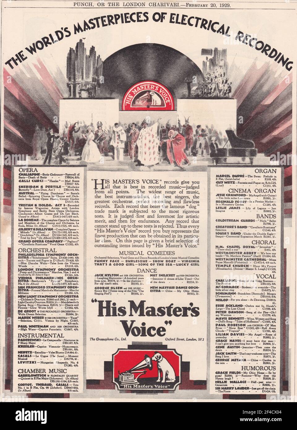 Publicité vintage pour sa voix de maître HMV - les Msterpieces du monde de l'enregistrement électrique. Banque D'Images