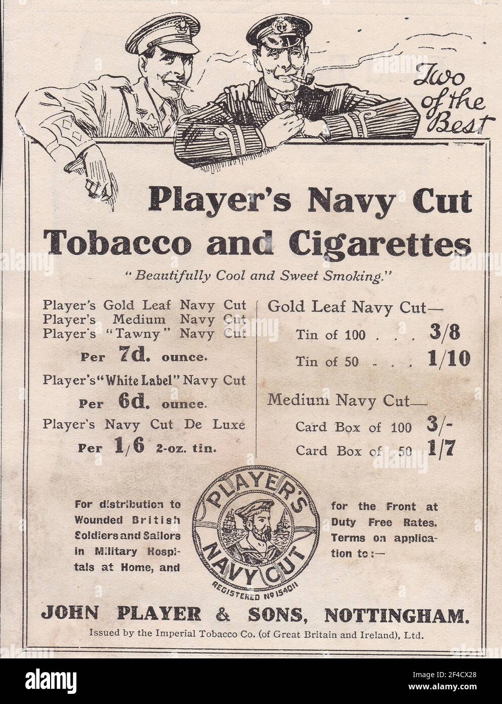 Publicité vintage pour Player's Navy Cut Tobacco and cigarettes par John Player & Sons, Nottingham. Banque D'Images