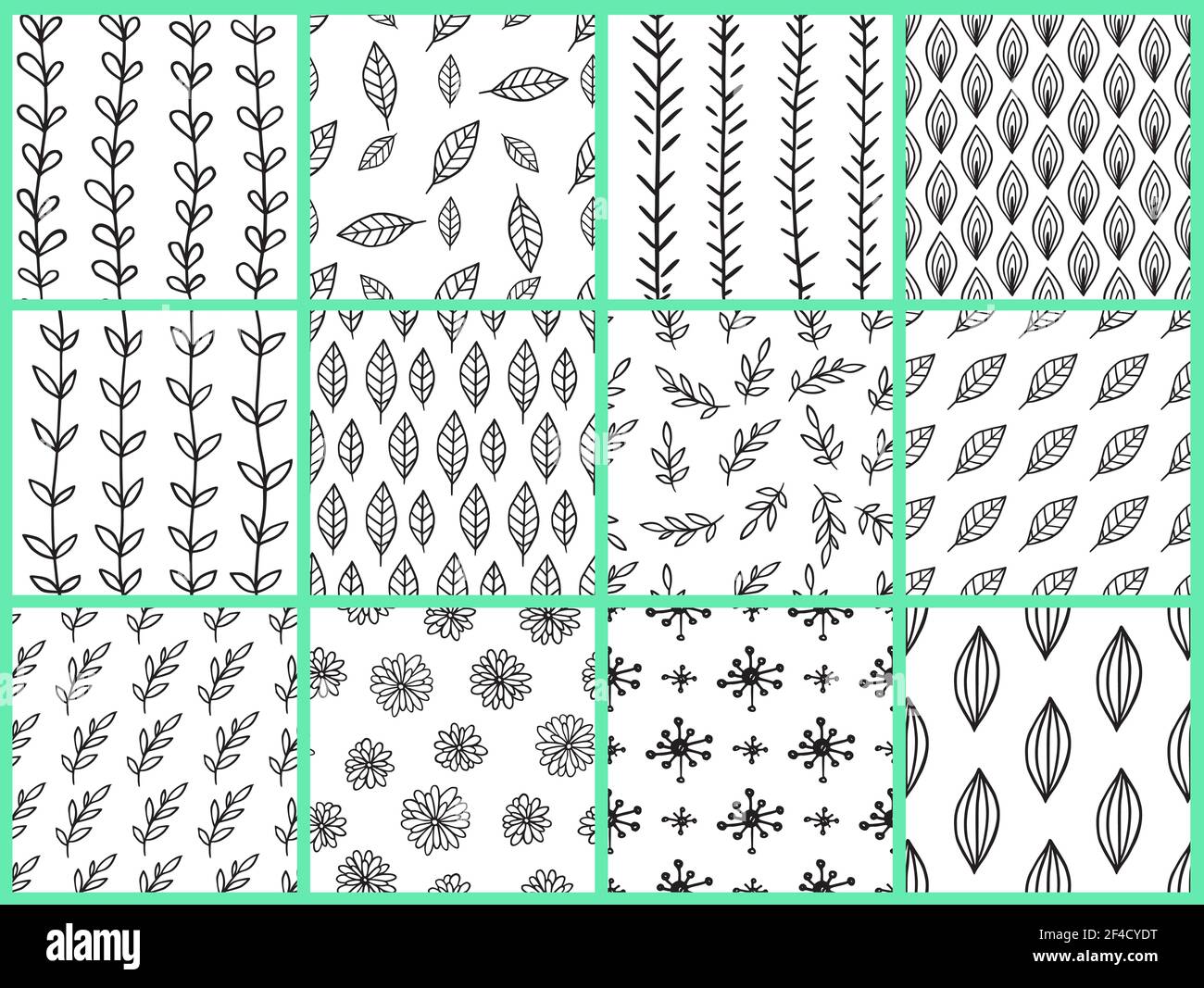 Ensemble de motifs naturels sans coutures abstraits en noir et blanc. Fonds vectoriels dessinés à la main avec fleurs et feuilles. Illustration de Vecteur