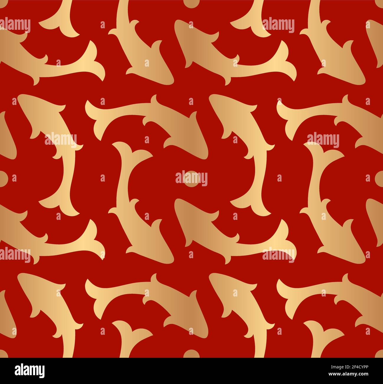 Motif décoratif abstrait doré sans coutures avec poisson sur fond rouge. Ornement oriental traditionnel. Illustration vectorielle. Illustration de Vecteur