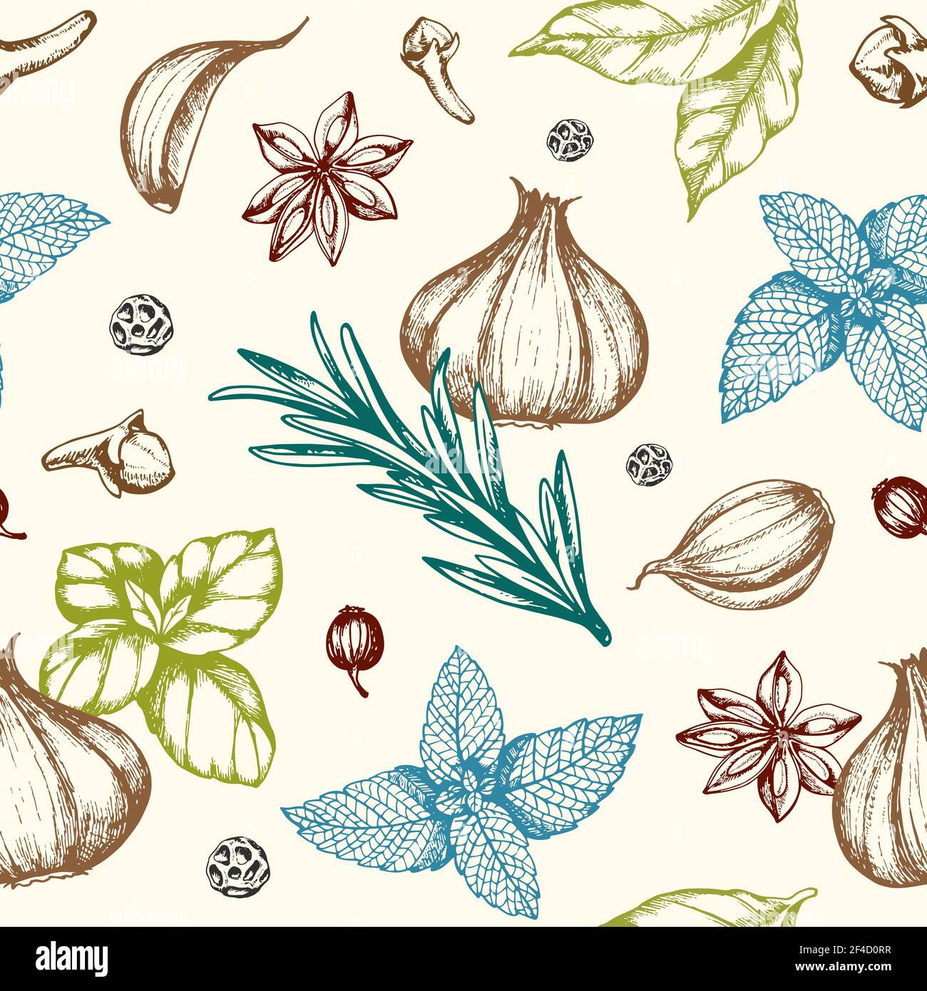 Motif fleuri vintage dessiné à la main sans couture avec épices et herbes. Arrière-plan vectoriel Illustration de Vecteur