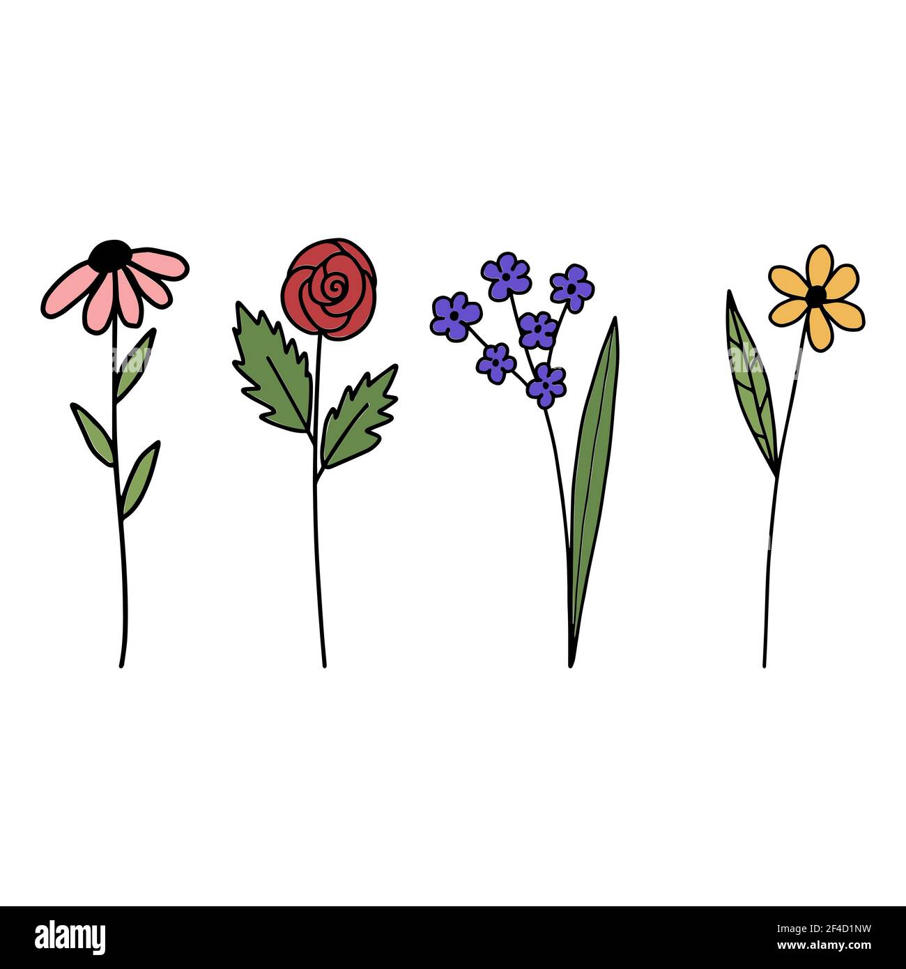 Fleurs de dessin animé plantes dessinées à la main. Ensemble d'éléments de conception. Illustration de Vecteur