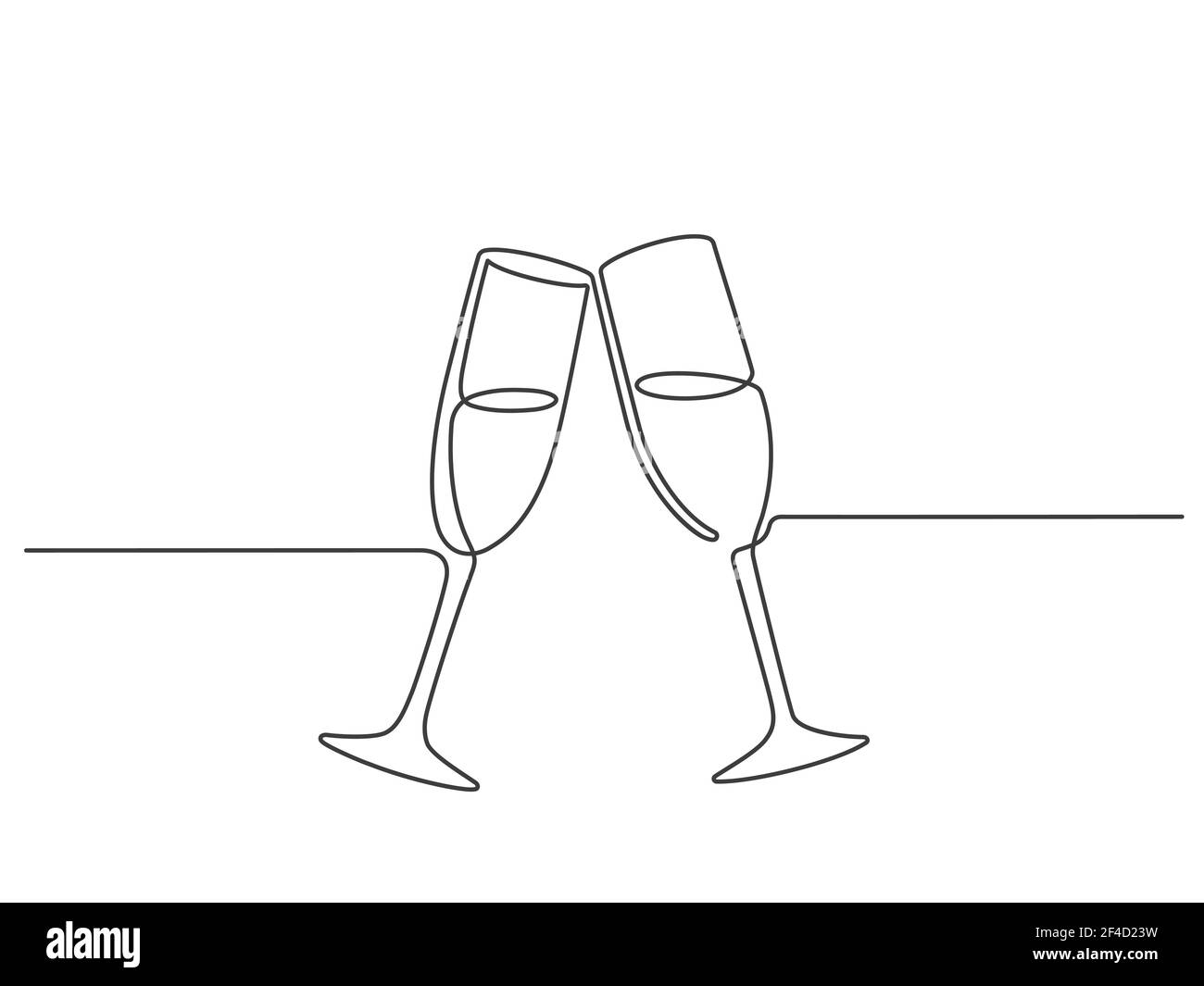 Une ligne de toast au champagne. Couple linéaire continu verres à vin clin d'œil. Fête de mariage Santé. Concept minimaliste de vecteur de célébration du nouvel an. Illustrat Illustration de Vecteur