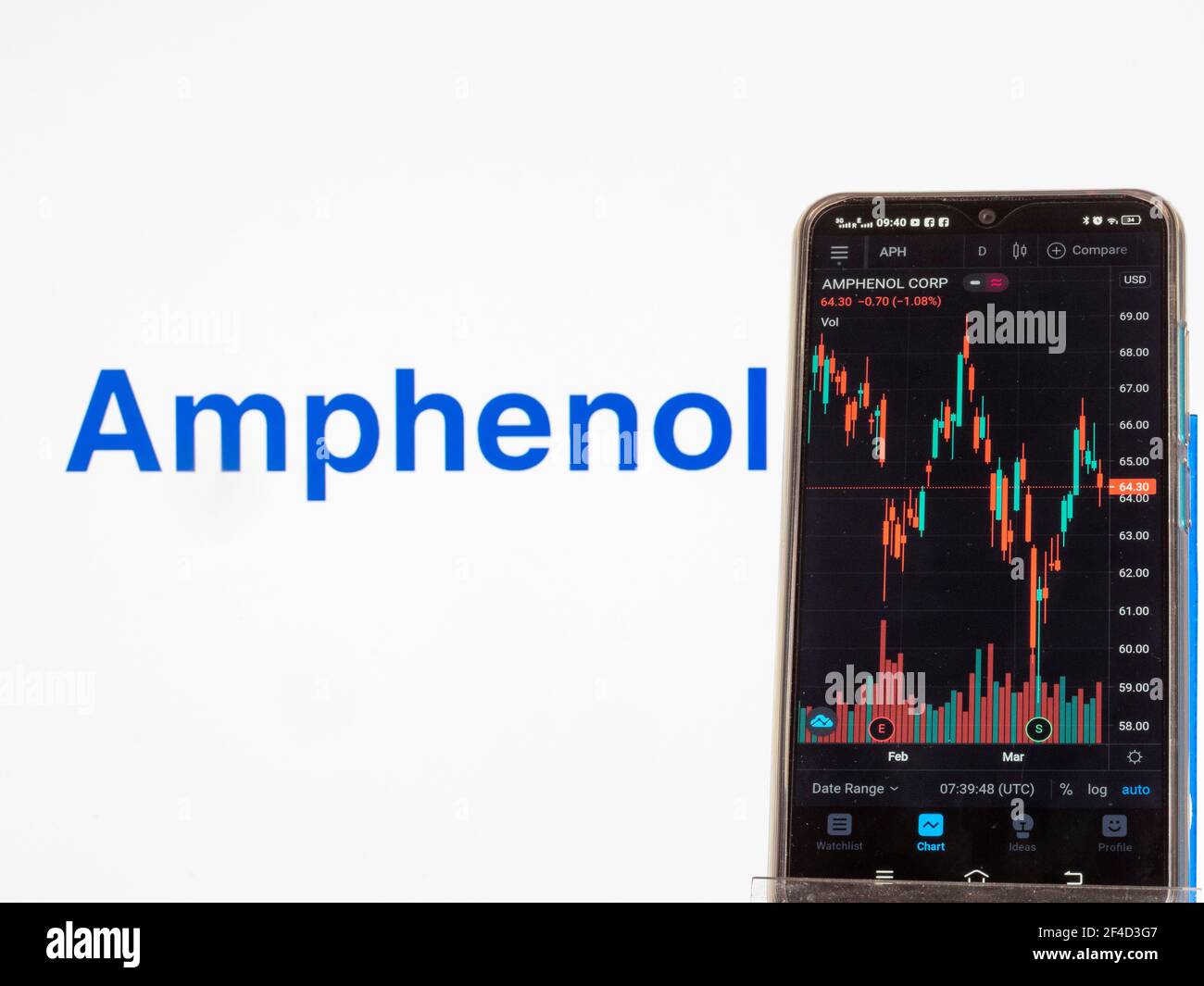 Dans cette illustration, les informations boursières d'Amphenol Corporation affichées sur un smartphone avec le logo d'Amphenol Corporation en arrière-plan. Banque D'Images