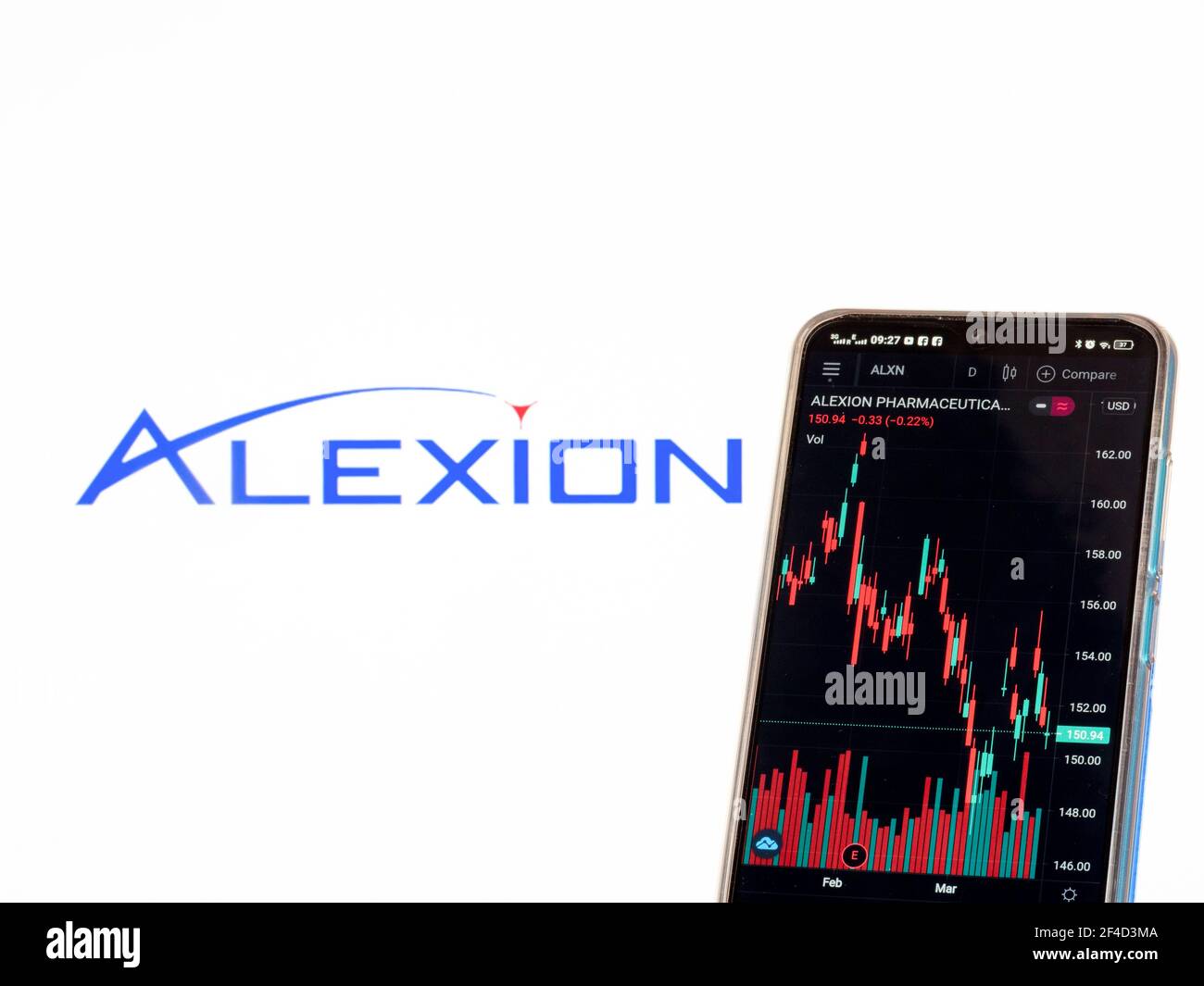 Ukraine. 20 mars 2021. Dans cette illustration, les informations boursières d'Alexion Pharmaceuticals Inc. Affichées sur un smartphone avec le logo d'Alexion Pharmaceuticals Inc. En arrière-plan. (Photo par Igor Golovniov/SOPA Images/Sipa USA) crédit: SIPA USA/Alay Live News Banque D'Images