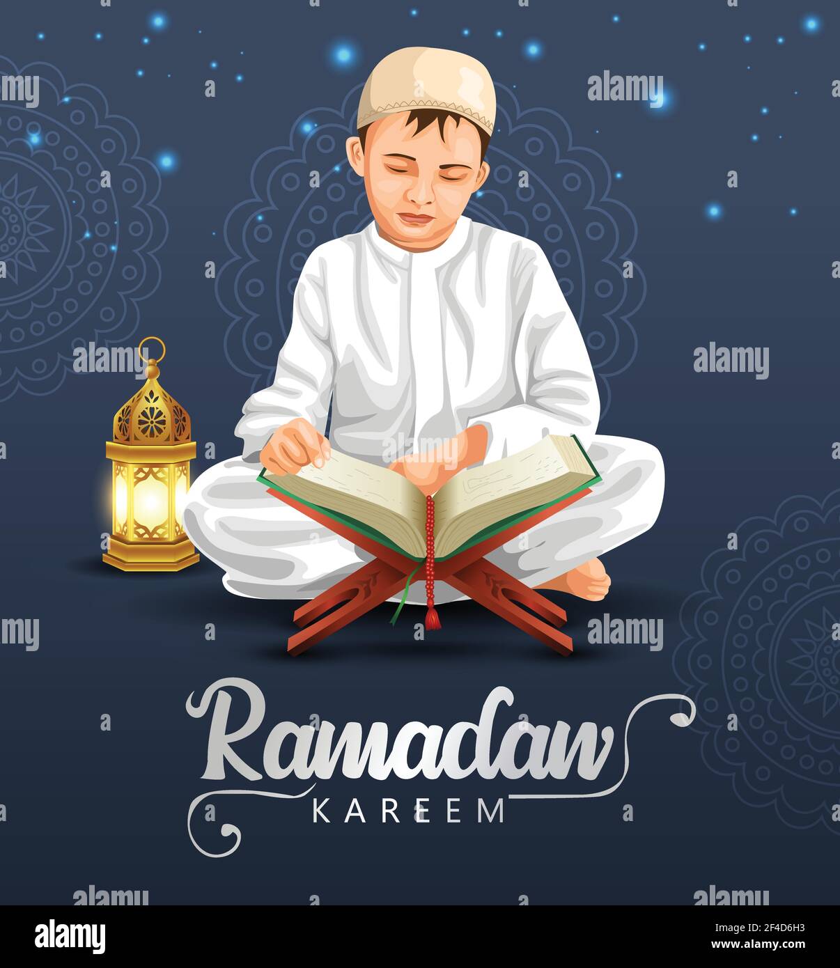 salutation de ramadan kareem et eid moubarak. Un garçon islamique lisant le modèle d'illustration de vecteur de Coran Illustration de Vecteur