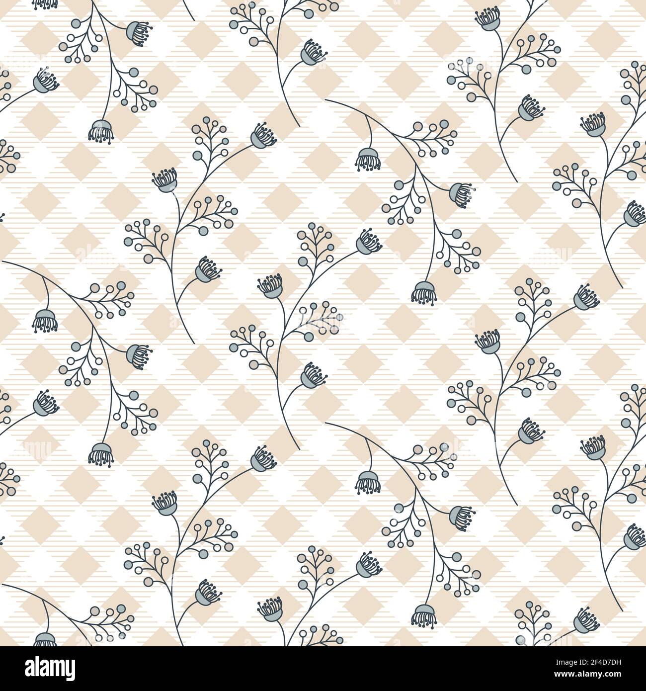 Motif fleuri sans couture avec petites fleurs courbes sur fond à carreaux écossais. Illustration de Vecteur