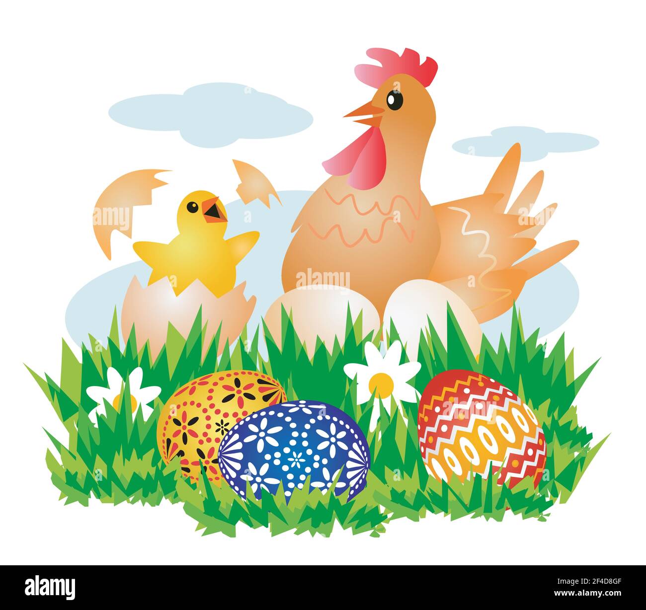 Poulet, Hen et oeufs de pâques, dessin animé. Illustration de poulet grimpant d'un oeuf, pré de printemps avec des oeufs. Vecteur disponible Illustration de Vecteur