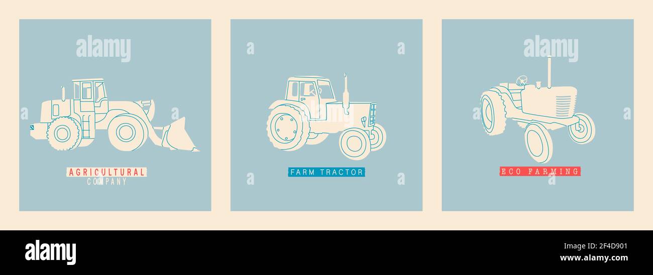 Jeu d'illustrations vectorielles de tracteurs. Simple, plat, style rétro. Tracteur, ensileuse, récolteuse, moteur agroalimentaire. Des modèles modernes et désuets de véhicules Illustration de Vecteur