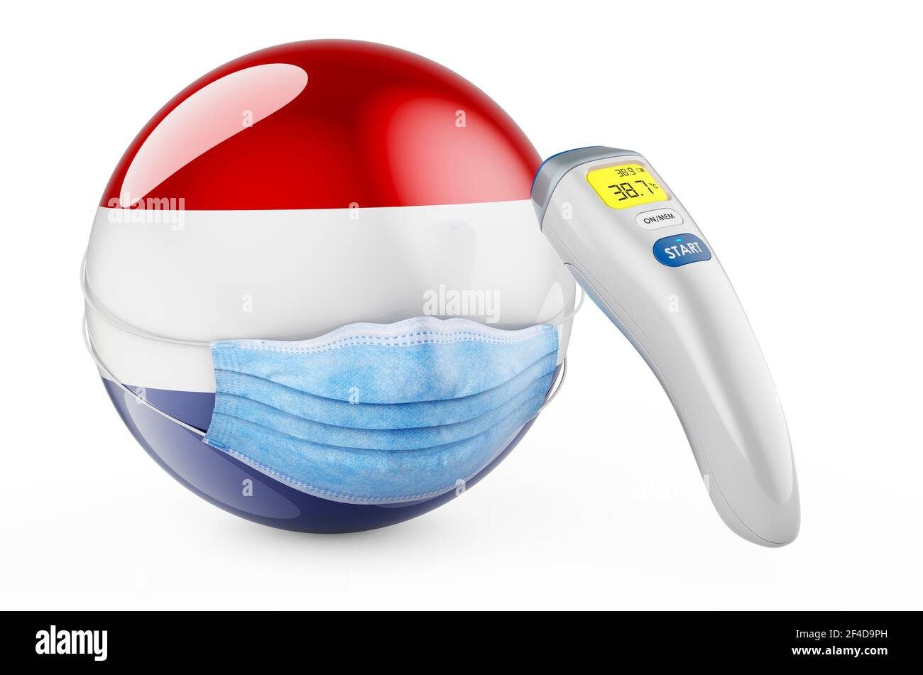 Le drapeau des pays-Bas avec masque médical et thermomètre électronique infrarouge. Pandémie aux pays-Bas concept, rendu 3D isolé sur fond blanc Banque D'Images