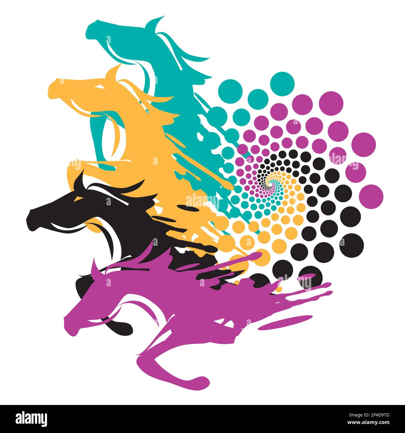 Quatre chevaux sauvages avec spirale colorée. Illustration expressive de chevaux en train de courir à partir de la spirale. Vecteur disponible Illustration de Vecteur