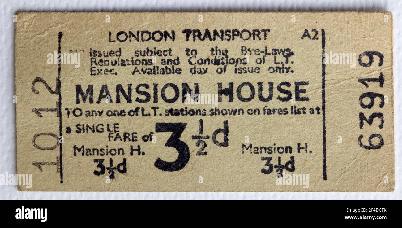 Billet de métro ou de métro des années 1950 à Londres depuis Mansion Maison Banque D'Images