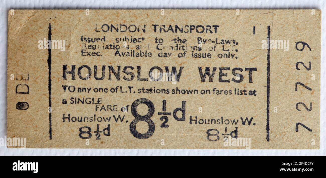 Billet de métro ou de métro des années 1950 à Londres depuis Hounslow Gare ouest Banque D'Images