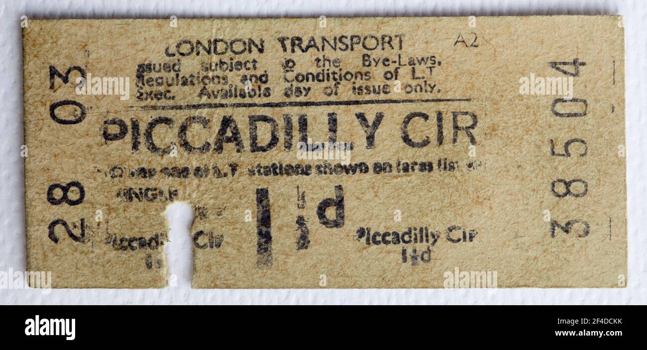 Billet de métro ou de métro des années 1950 à Londres depuis Piccadilly Station de cirque Banque D'Images