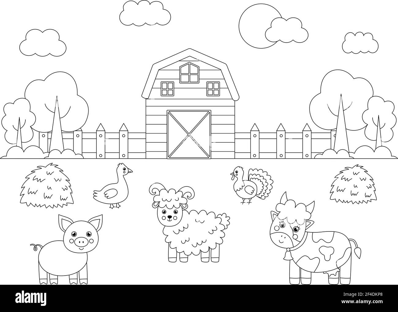 Paysage de ferme de couleur avec les animaux mignons. Page de coloriage pédagogique pour les enfants. Illustration de Vecteur