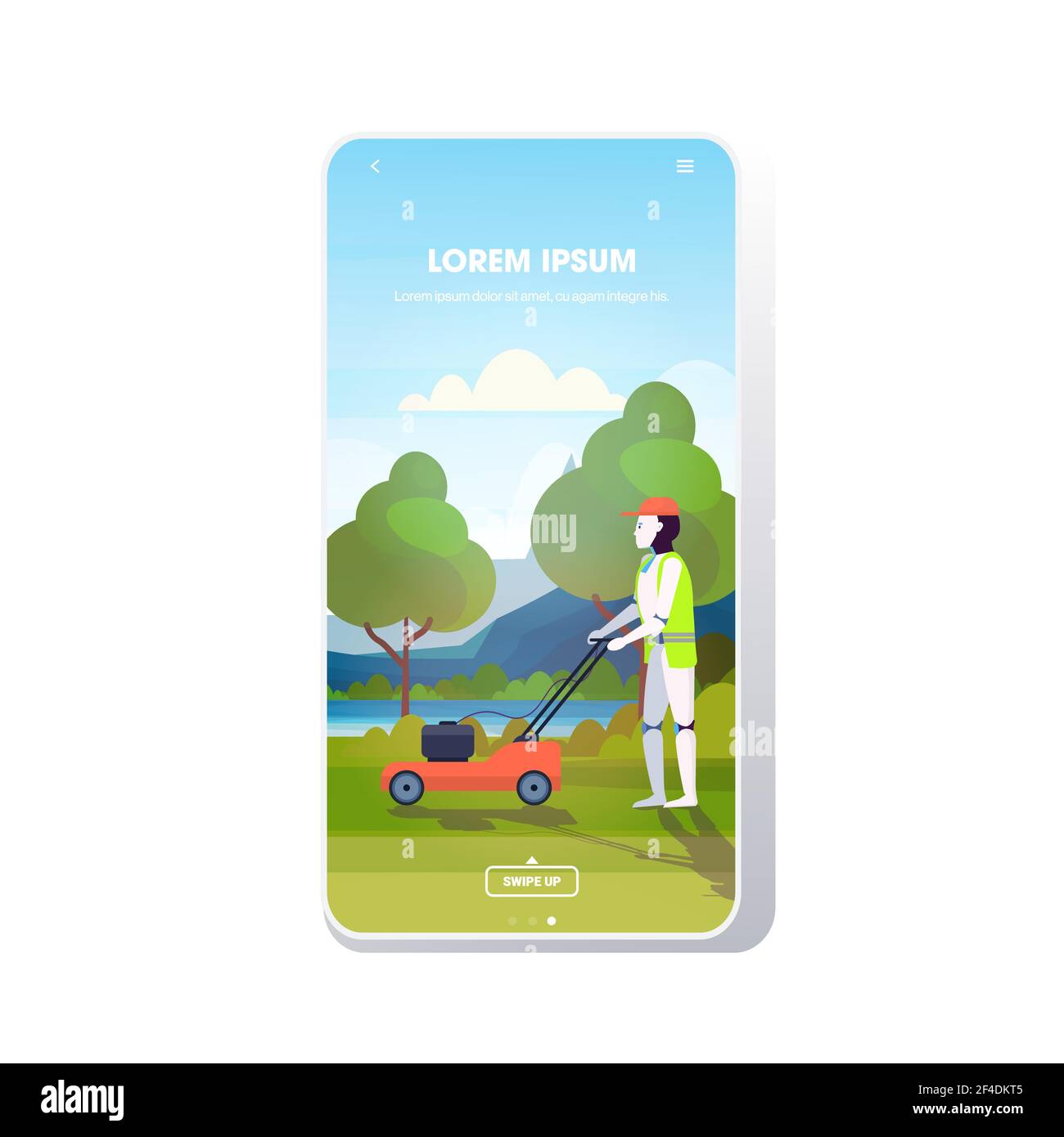 robot moderne coupant l'herbe avec robot tondeuse robot jardinier artificiel intelligence technologie jardinage concept parc urbain paysage fond Illustration de Vecteur