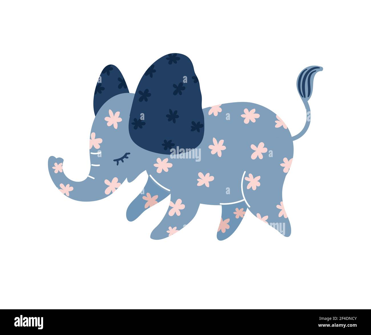 Joli éléphant bleu de dessin animé avec des fleurs roses. Illustration vectorielle isolée sur fond blanc. Illustration de Vecteur
