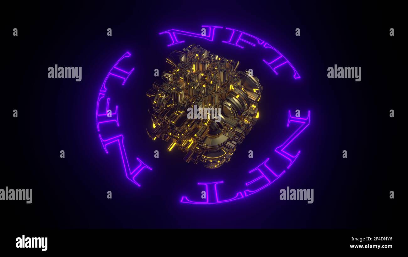 Illustration de concept de jeton non fongible, texte néon NFT et mot cubique numérique fantaisie, rendu 3D Banque D'Images