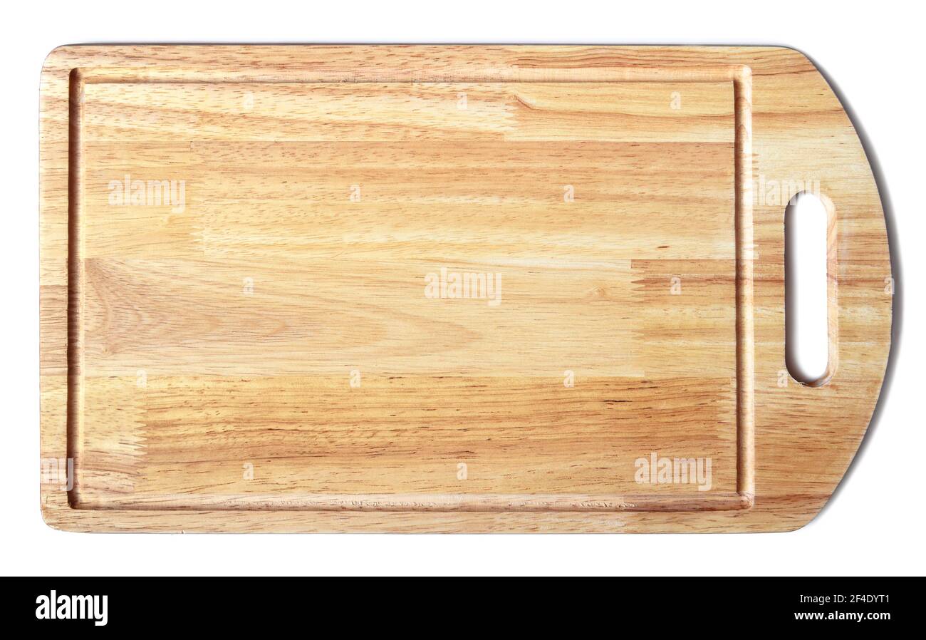 Panneau de découpe en bois isolé sur fond blanc, vue de dessus d'un nouveau panneau de découpe en planches collées. Surface en bois avec texture naturelle, domestique Banque D'Images