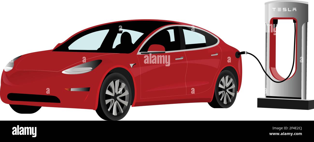 Voiture électrique Tesla avec station de charge. Illustration vectorielle EPS 10 Illustration de Vecteur