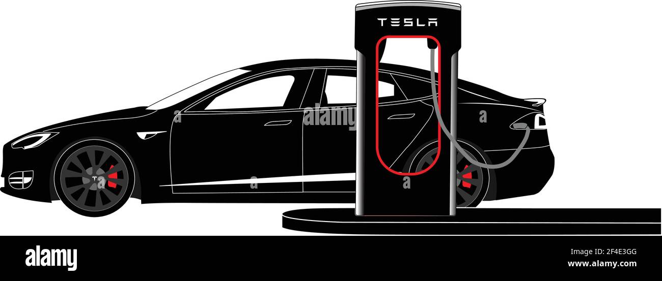 Voiture électrique Tesla avec station de charge. Illustration vectorielle EPS 10 Illustration de Vecteur