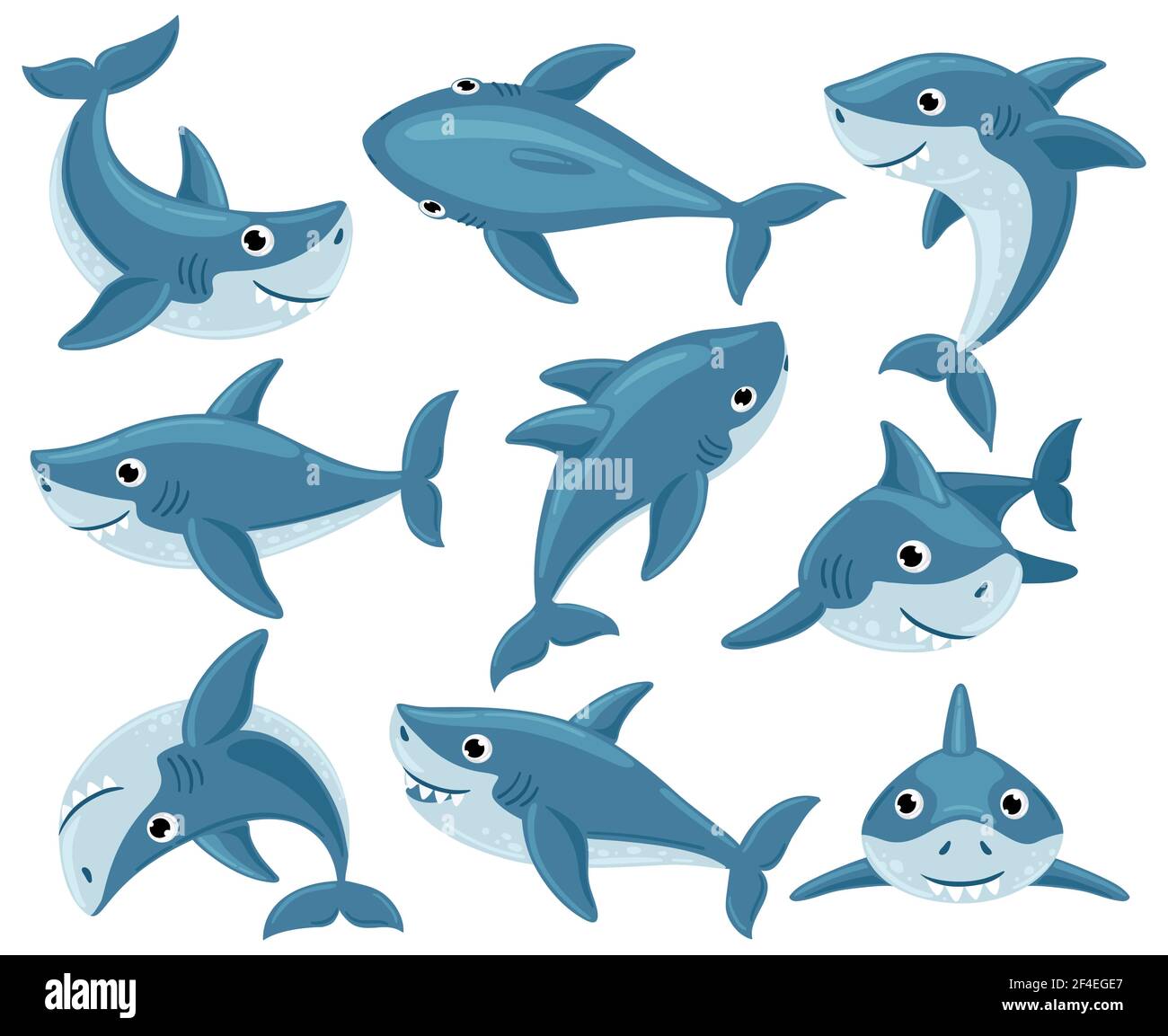 Requins de dessins animés. Animaux de requin sous-marins mignons, mascotte de poisson goûtante, caractère de la faune de l'océan. Jeu d'illustrations vectorielles requins créatures mascottes. Natation f Illustration de Vecteur