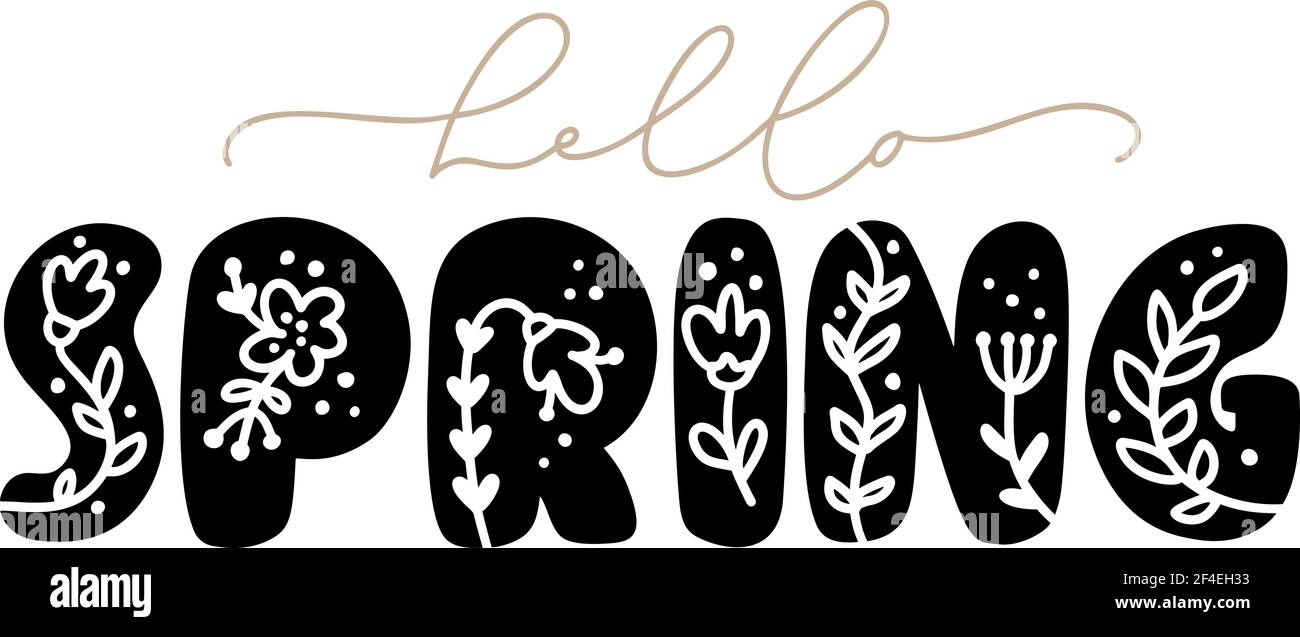 Lettrage calligraphie expression Bonjour Printemps. Vector Hand Drawn texte isolé. croquis design doodle pour carte de souhaits, Album, imprimer Illustration de Vecteur