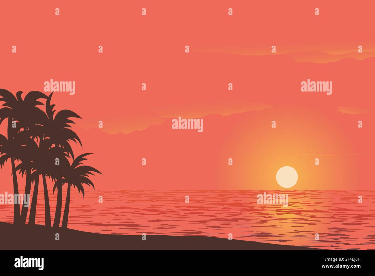 Illustration vectorielle de la vue du coucher du soleil sur un magnifique ciel avec paume arbres sur une plage de sable avec un fond de couleur dégradé Illustration de Vecteur