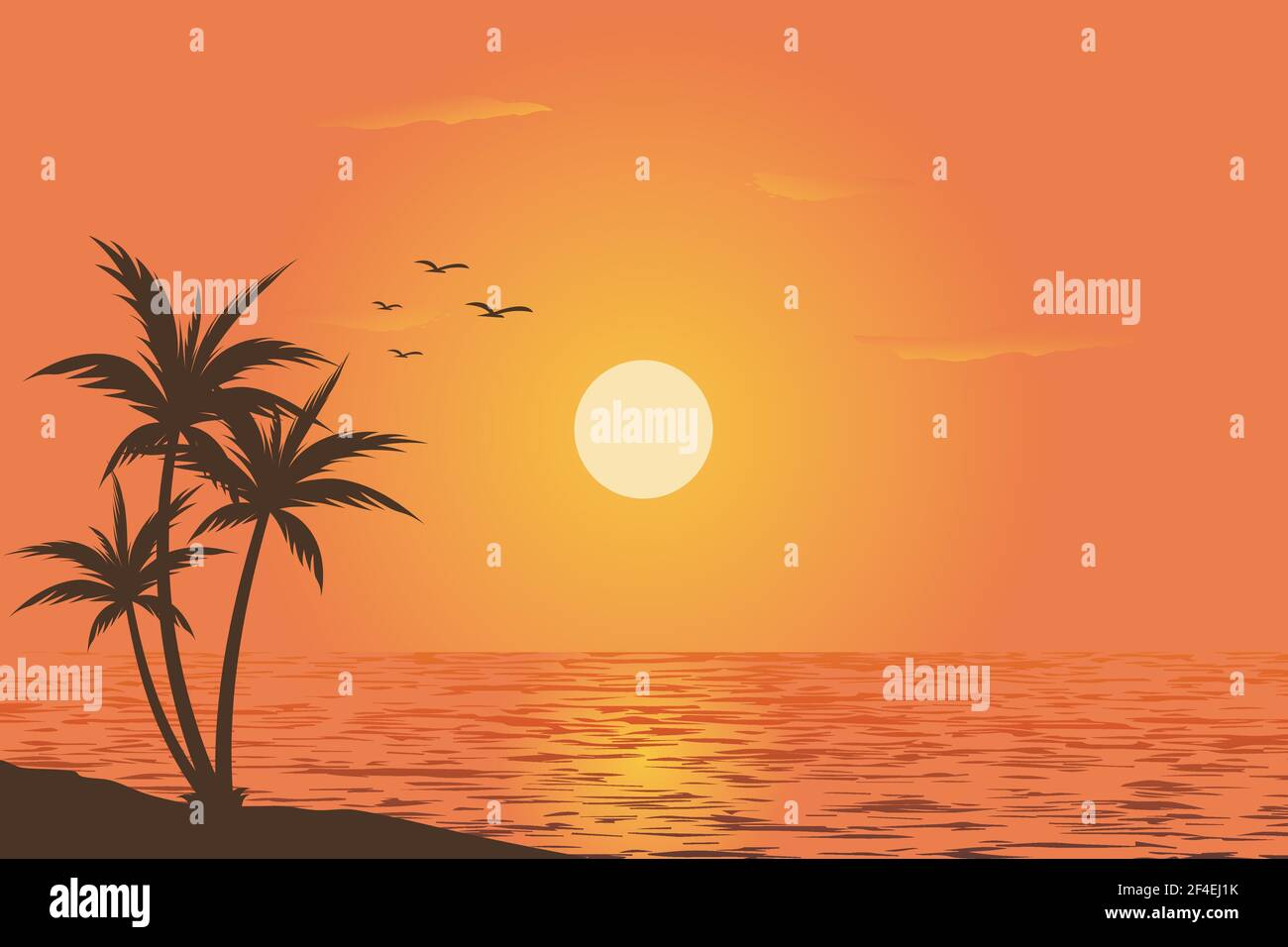 belle vue sur le ciel du coucher de soleil sur la plage avec palmier silhouette sur l'illustration vectorielle de fond dégradé Illustration de Vecteur